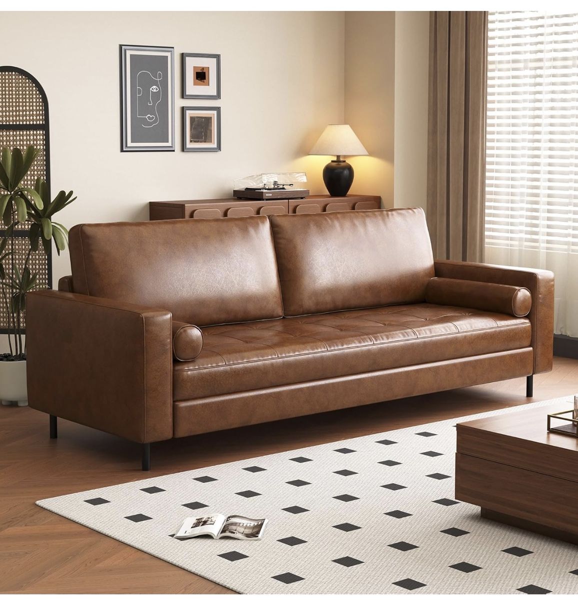 Snveil 80.31 in. Square Arm Faux Leather Rectangle Sofa 31.49 in. Depth Brown