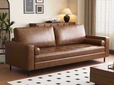 Snveil 80.31 in. Square Arm Faux Leather Rectangle Sofa 31.49 in. Depth Brown