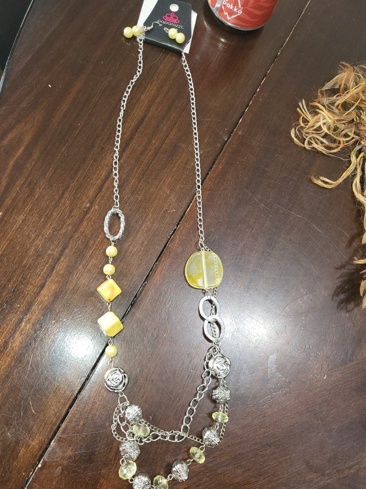 Paparazzi "Total Eclipse of the Heart" Yellow Beaded Silver-Tone Necklace & Earrings Set