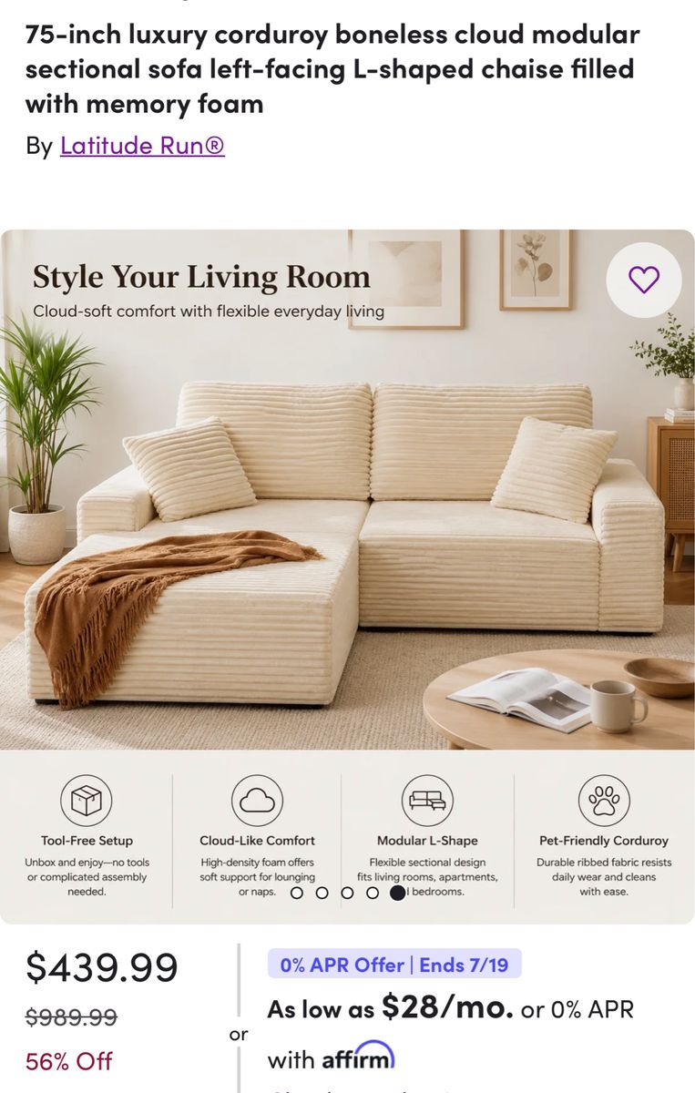 Corduroy boneless sectional sofa