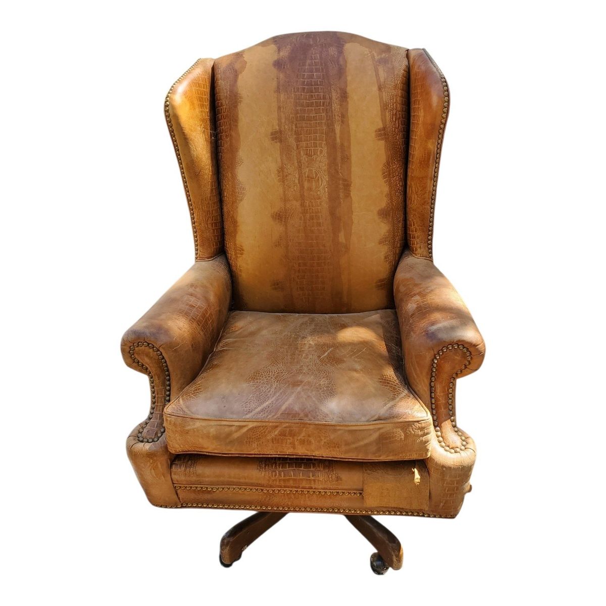 Vintage Caramel Tan Leather Wingback Swivel Desk Office Chair