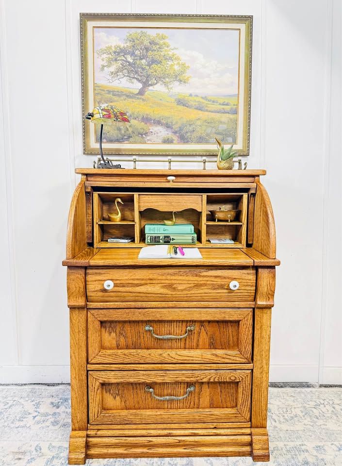 Vintage Pulaski Keepsakes Oak Petite Roll Top Desk Drawers | Vintage Roll Top Desk Dresser