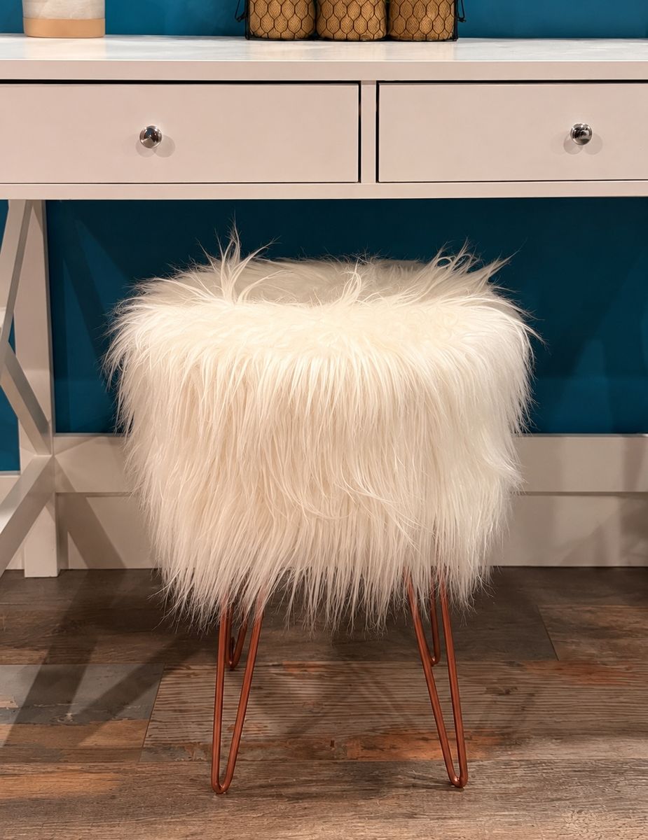 White Faux Fur Ottoman Stool with Copper Hairpin Legs - Stylish & Cozy Seating