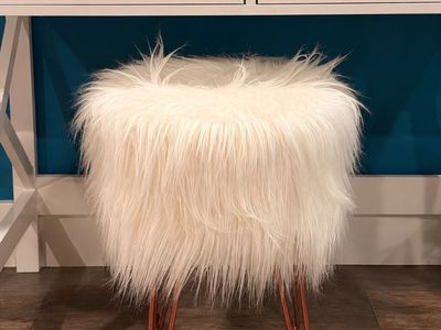 White Faux Fur Ottoman Stool with Copper Hairpin Legs - Stylish & Cozy Seating