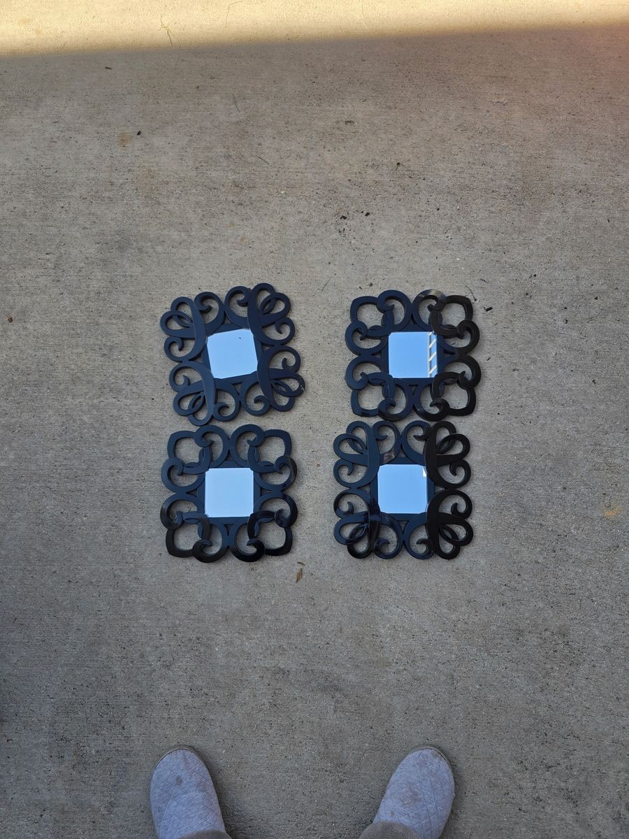  Set of 4 Black Square Wall Mirrors – Filigree Scrollwork Accent Mirror Grid Lot