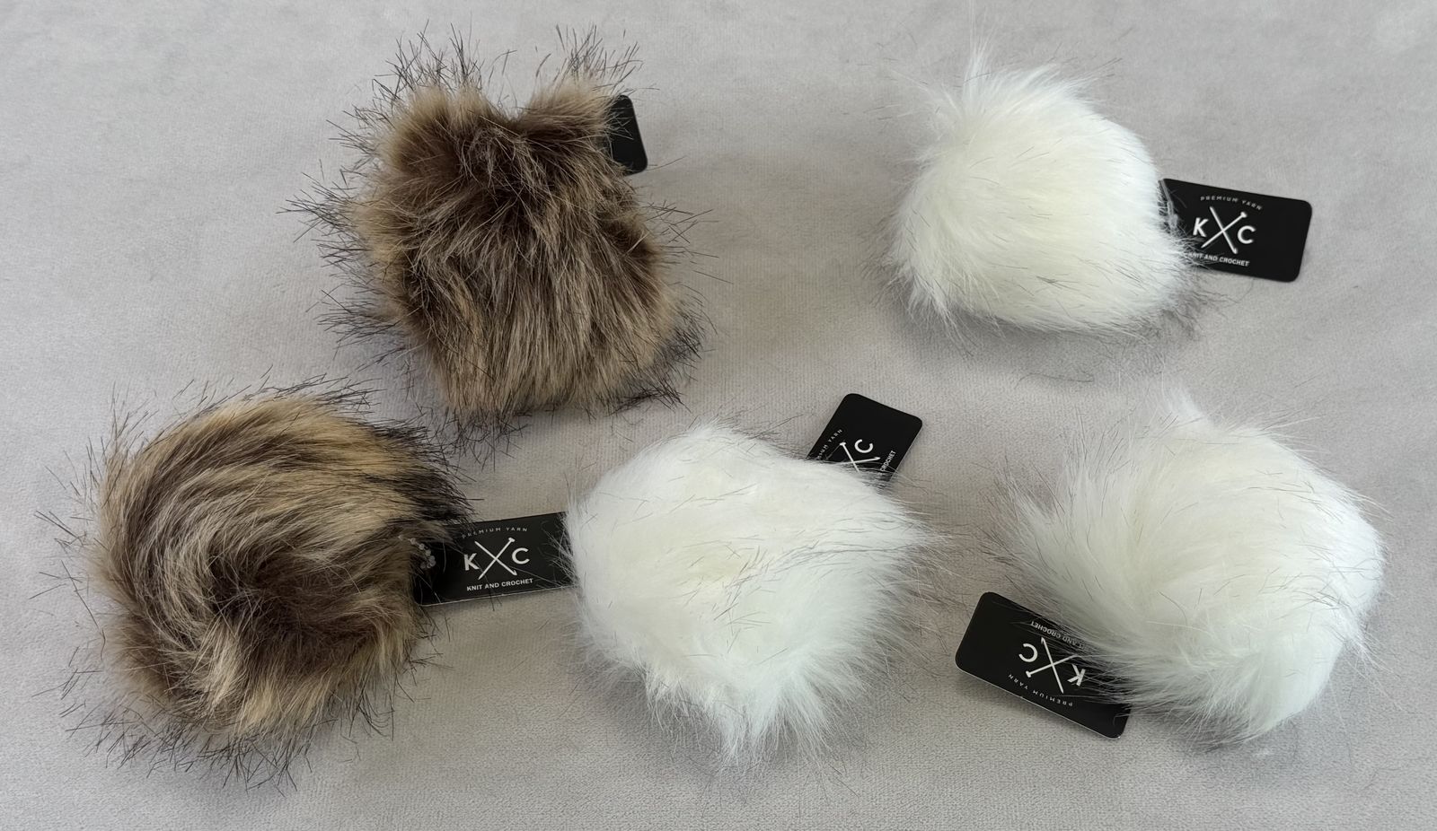 5 K+C Medium Faux Fur Pom Poms – White & Shepherd – New