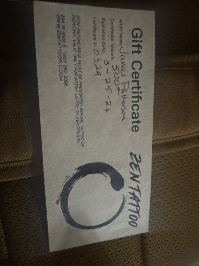 $500 gift Certificate For Tattoo Work