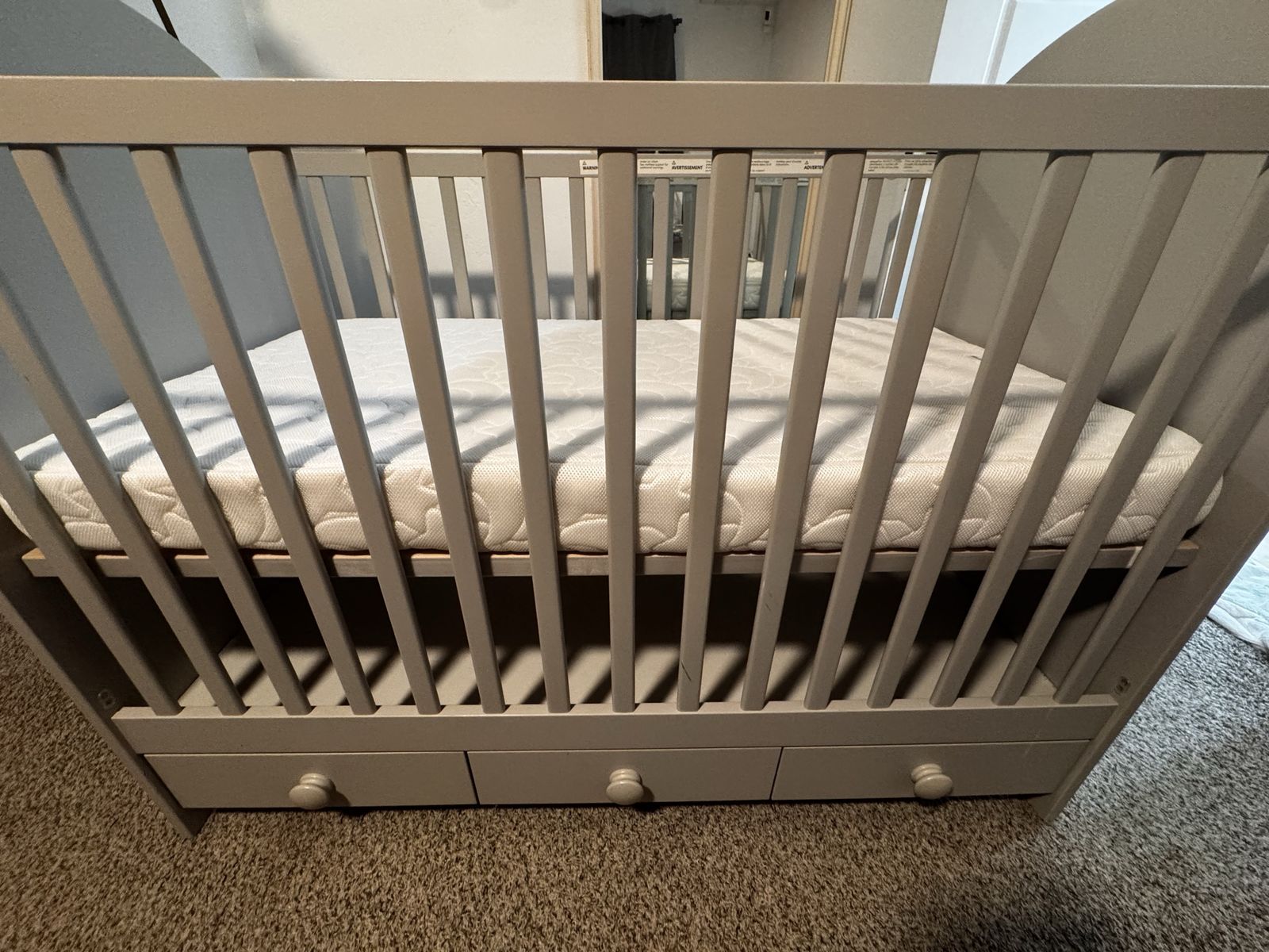 Gray Baby Crib with Storage Drawers & HALO DreamWeave Mattress