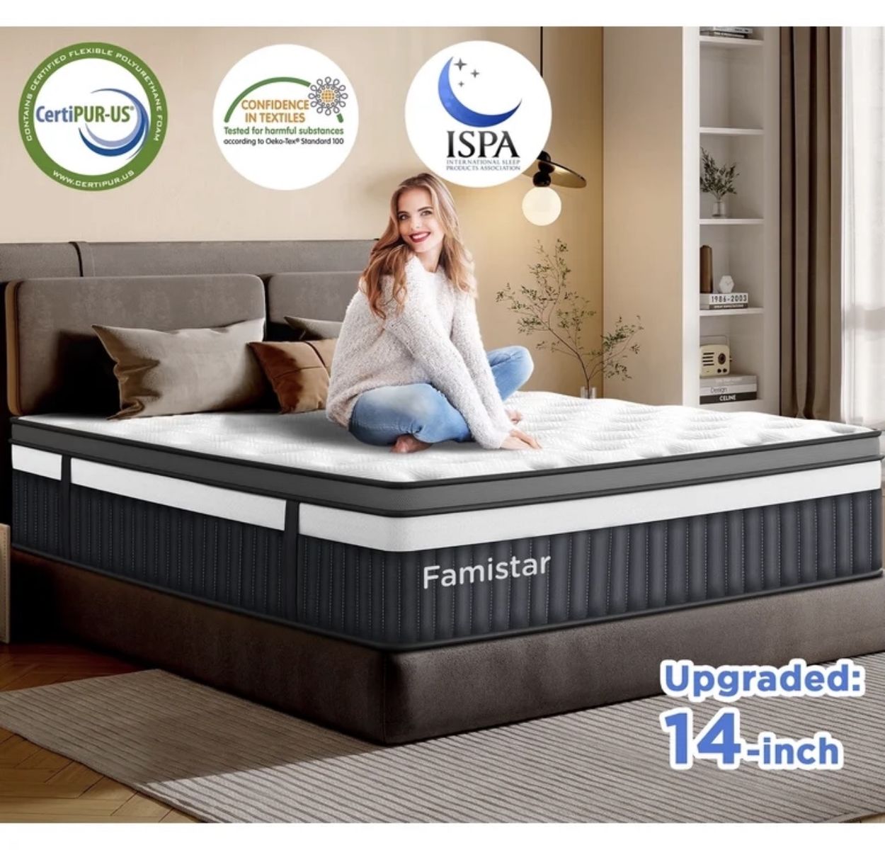 Famistar 14In King Mattress In a Box, Breathable Mattress w/ Gel Memory Foam & Pocket Spring