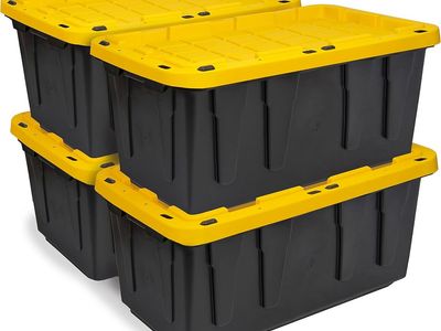 Heavy Duty Plastic Storage Totes with Lids - Black and Yellow - Set