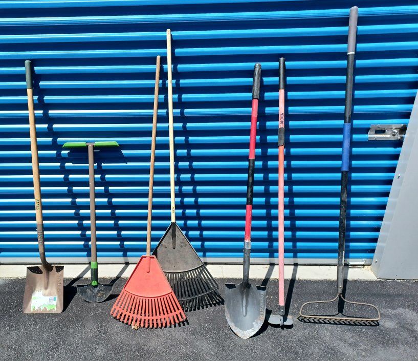 Shovels, Rakes, Hoe, and Edger.