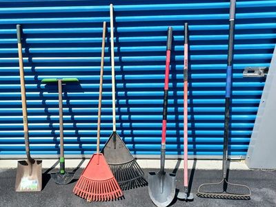 Shovels, Rakes, Hoe, and Edger.