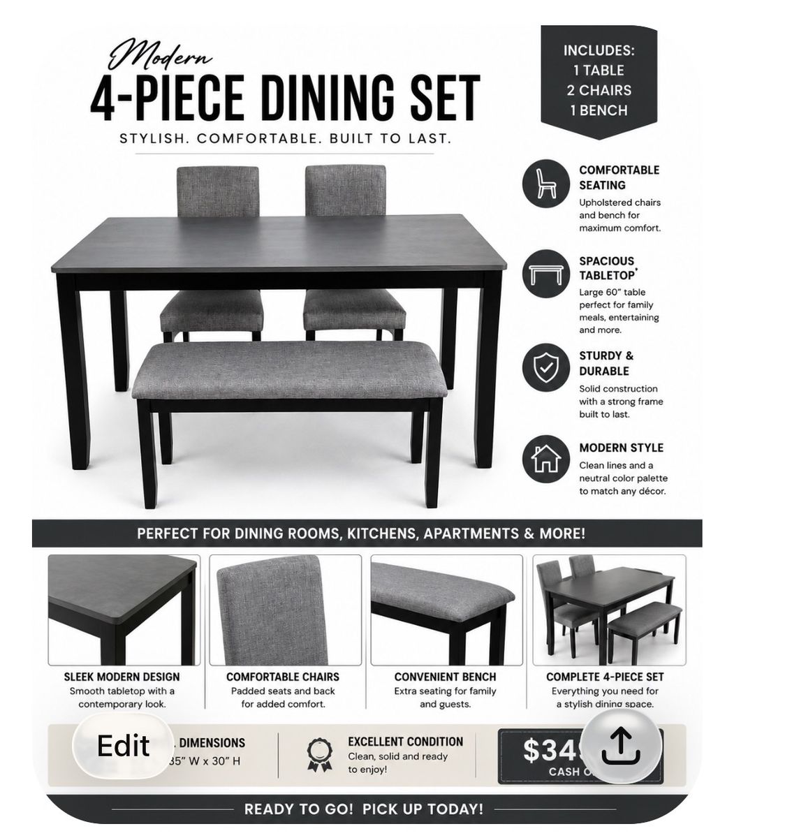 New Modern 4-Piece Dining Set - Table, 2 Upholstered Chairs & Bench, Sleek Gray Top, Black Frame
