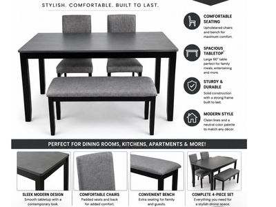 New Modern 4-Piece Dining Set - Table, 2 Upholstered Chairs & Bench, Sleek Gray Top, Black Frame
