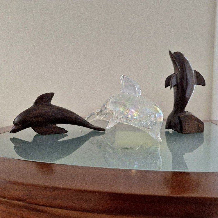 Dolphin Figurines - Set of 3 (2 Wood, 1 Iridescent Glass)