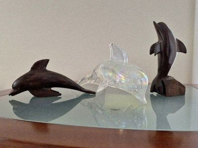 Dolphin Figurines - Set of 3 (2 Wood, 1 Iridescent Glass)