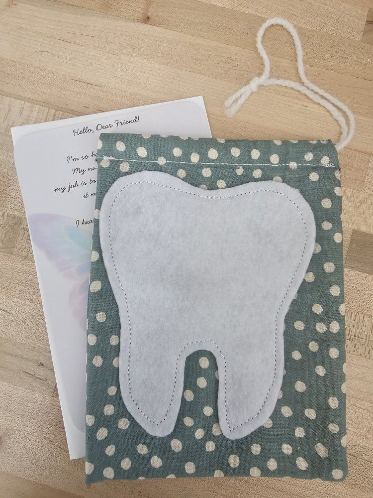 Handmade Tooth Fairy Pillow Pouch - Green Polka Dot with Felt Tooth Applique, Drawstring Closure