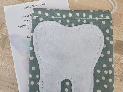Handmade Tooth Fairy Pillow Pouch - Green Polka Dot with Felt Tooth Applique, Drawstring Closure