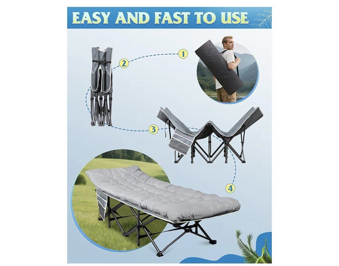 WLIVE 1200D double-layer Oxford camping cot with a mattress and carry bag in grey