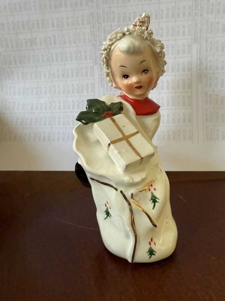 Vintage Pixie Elf Gift Bag Figurine Japan Napco Spaghetti Trim Porcelain