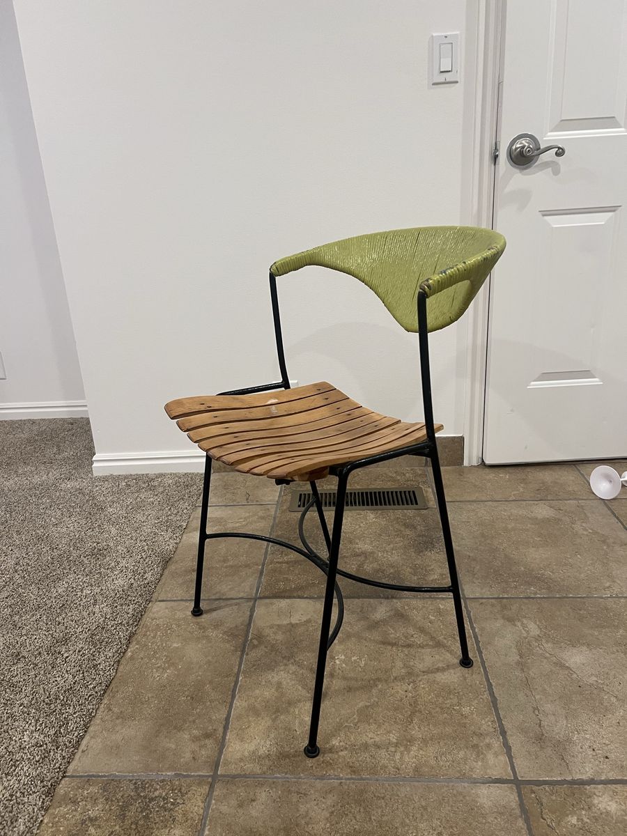 Accent Chair with Slatted Wooden Seat and Green Woven Back
