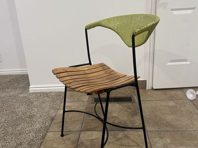 Accent Chair with Slatted Wooden Seat and Green Woven Back