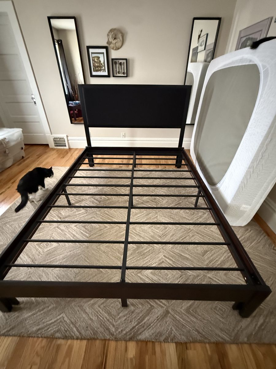 Queen Bed Frame with Black Upholstered Headboard