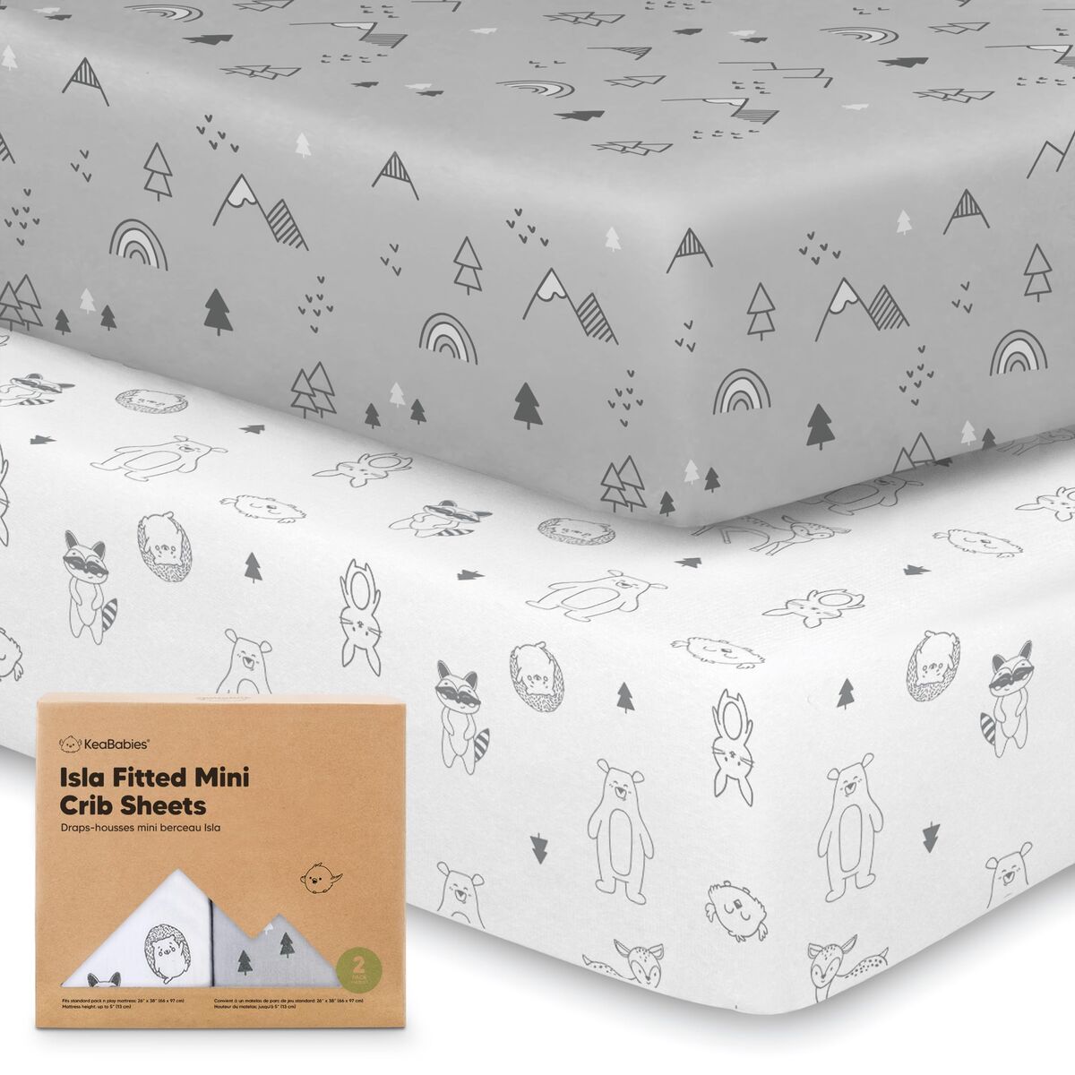 NEW in box KeaBabies 2-Pack Isla Mini Crib Sheets, Fitted Pack N Play Sheets, 38x26 (Woodland)