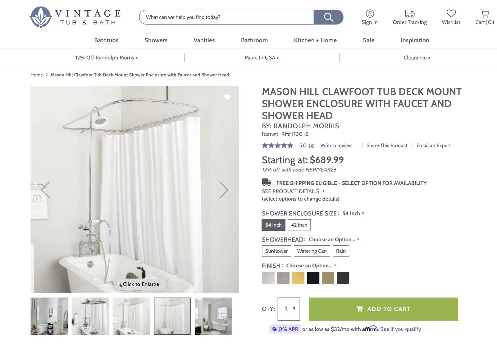 Clawfoot tub shower enclosure, faucet, and shower head kit