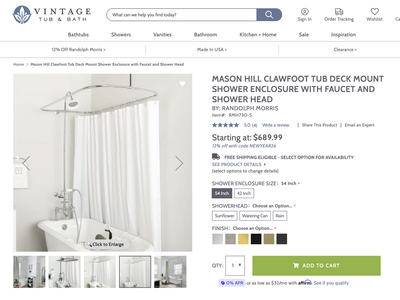 Clawfoot tub shower enclosure, faucet, and shower head kit