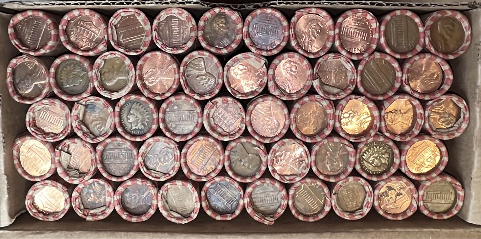2500 US Copper Pennies (50 Rolls) - Wheat, Indian Head, Errors - Collector's Mix