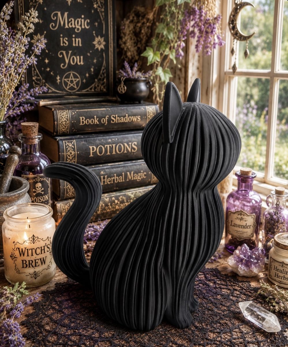 3D printed Black Cat Sculpture - Unique Textured Design, Halloween/Witchy Home Decor