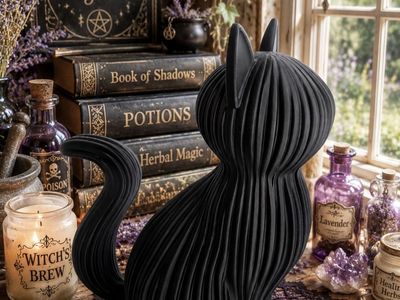 3D printed Black Cat Sculpture - Unique Textured Design, Halloween/Witchy Home Decor