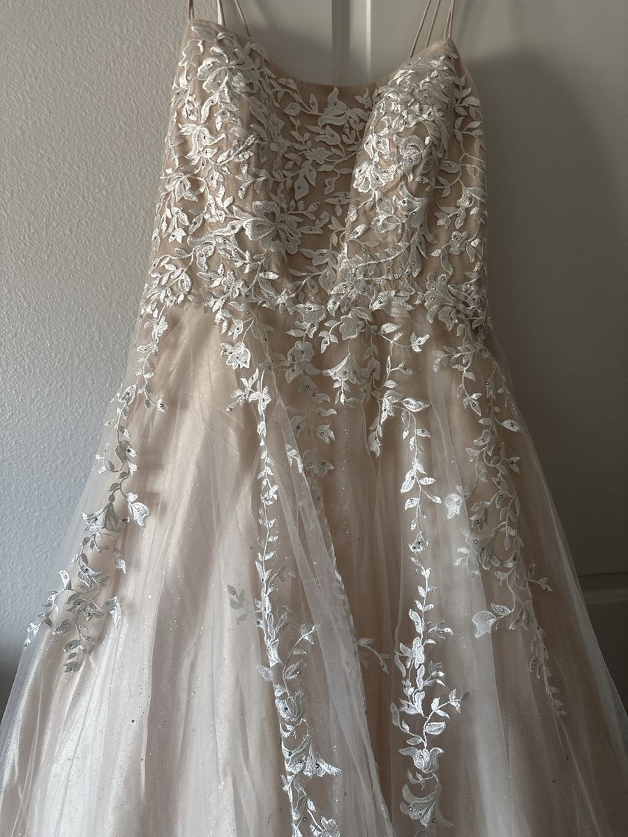 Embroidered Lace A-Line Wedding Dress with Spaghetti Straps and Tulle Skirt