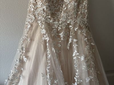 Embroidered Lace A-Line Wedding Dress with Spaghetti Straps and Tulle Skirt