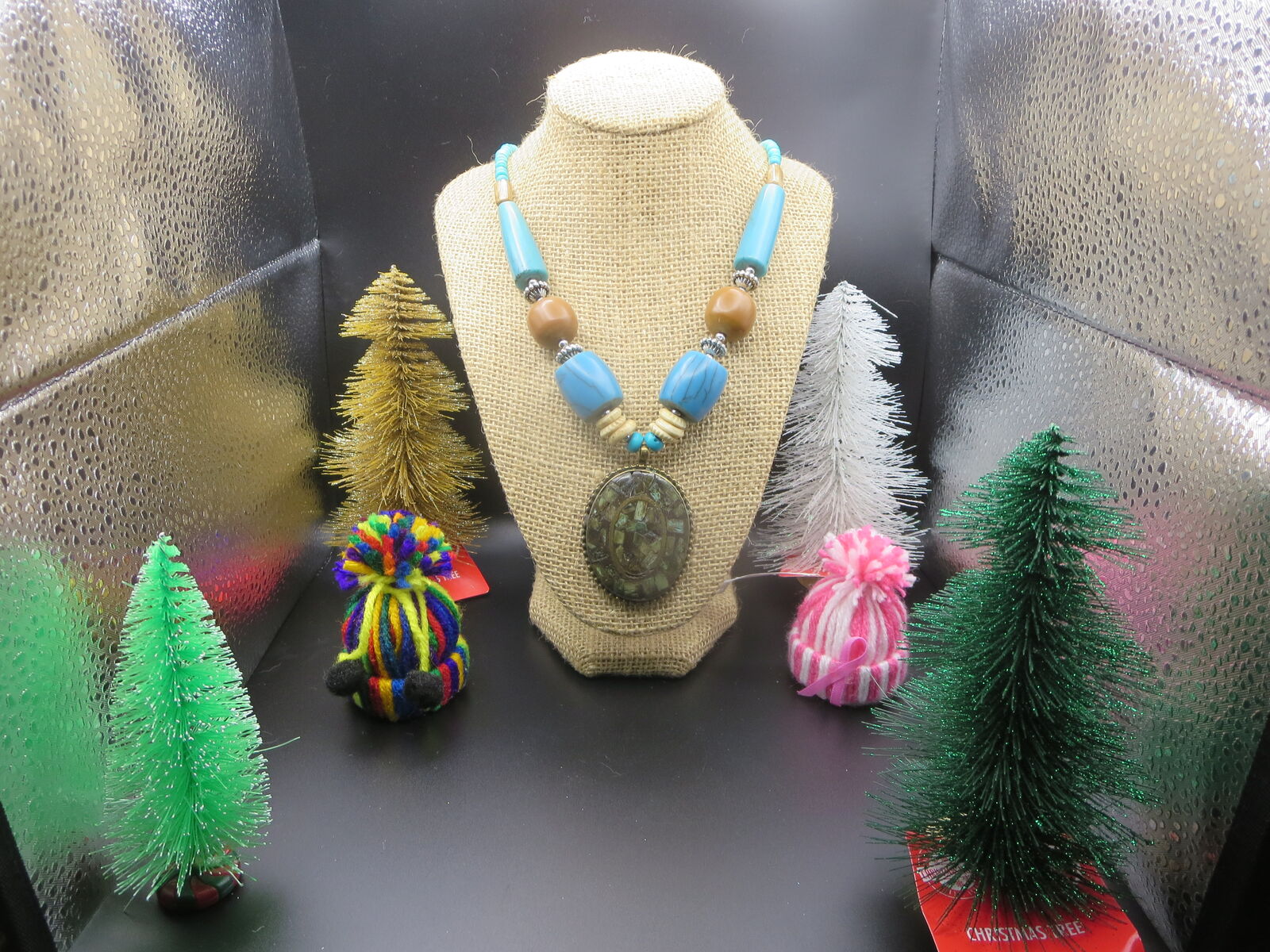 Turquoise faux Tibetan Mosaic stone long necklace