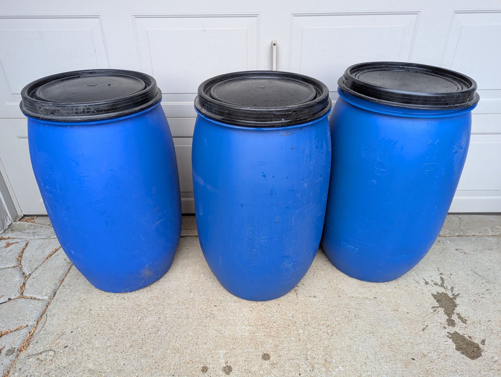 $30 EACH / $60 ALL THREE 55-Gallon Industrial Plastic Drum HDPE Removable Lid UN-Rated Good