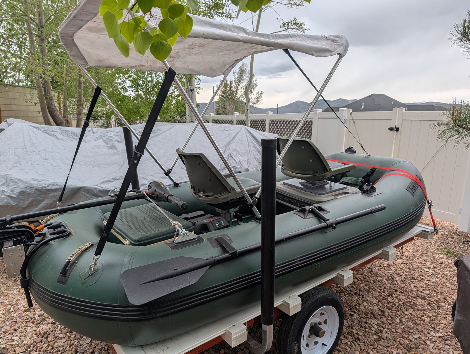 Sea Eagle STS-10 Inflatable fishing raft with motor and trailer