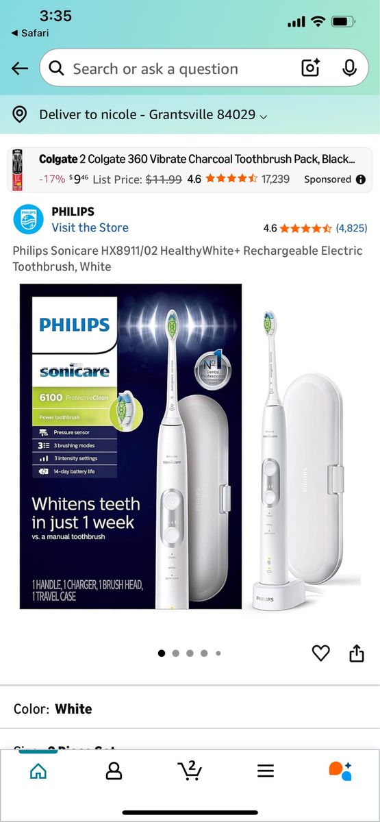 Philips Sonicare HX8911/02 HealthyWhite+ Rechargeable Electric Toothbrush, White