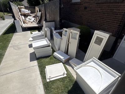 Used White Kitchen Cabinets with Drawers & Black Countertop - Approx. 12 Years Old