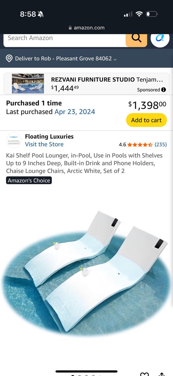 Floating Luxuries Kai Shelf Pool Lounger, Arctic White,- In-Pool Chaise Lounge Chairs w/ Built-in Drink & Phone holder