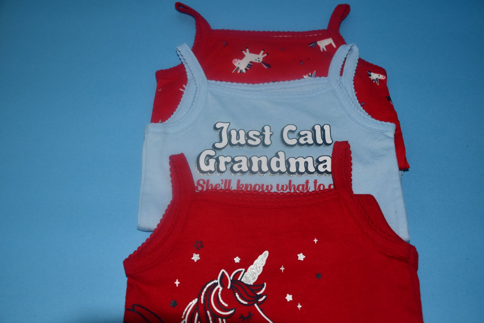3 NEW GARANIMALS ONESIES ~ SIZE 12 MONTHS ~ SNAP BOTTOM CLOSURE ~ JUST CALL GRANDMA ~ UNICORNS ~ ALL FOR $5
