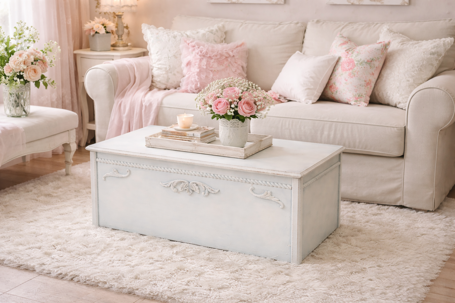 Cottagecore Shabby Chic French Toy Box Storage Vintage Coffee Chest End Table