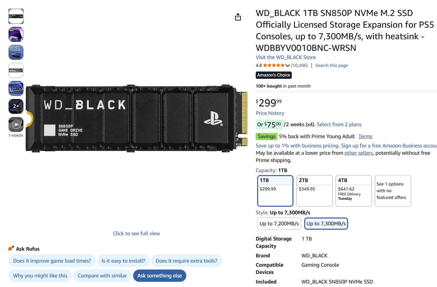 BRAND NEW WD_BLACK 1TB SN850P NVMe M.2 SSD for PS5/PC [7300MB/s Speed]