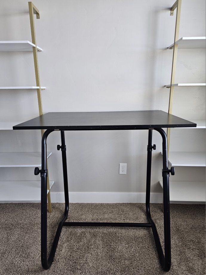 Adjustable Drafting Table / Desk - Black Top, Black Metal Frame, Tilting Surface