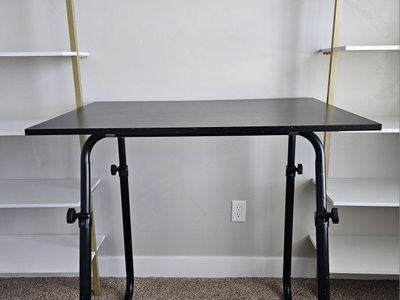 Adjustable Drafting Table / Desk - Black Top, Black Metal Frame, Tilting Surface