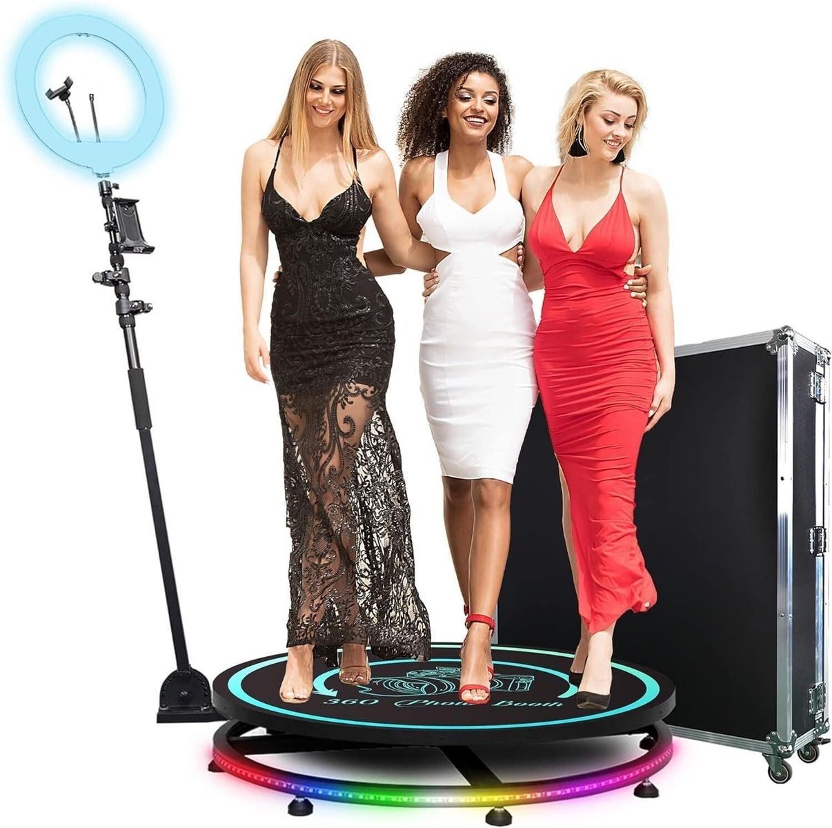 360 Photo Booth Machine with Ring Light, Remote Control & App, RGB Light Base, Flight Case