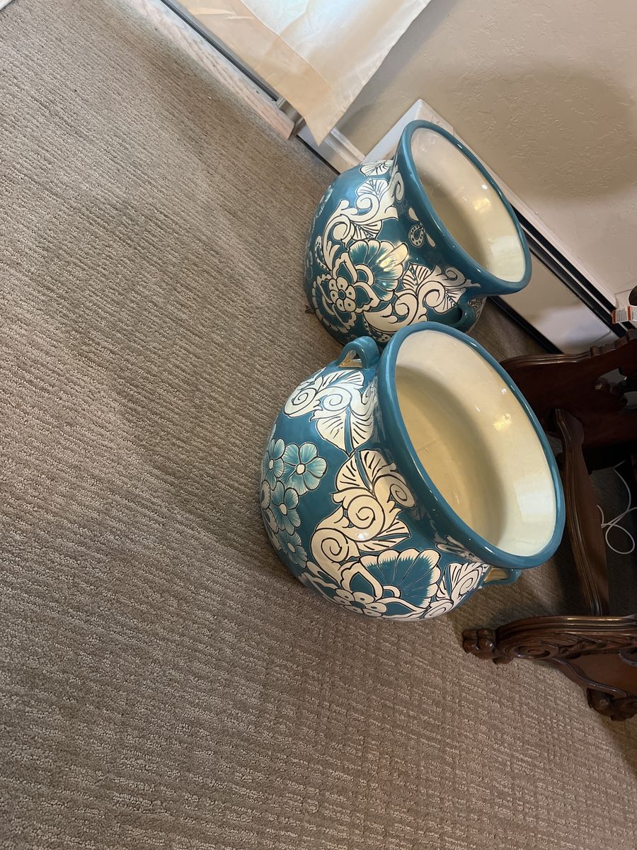 Pair of Teal & White Floral Ceramic Planters/Pots with Handles - Decorative Home Garden Decor