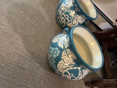 Pair of Teal & White Floral Ceramic Planters/Pots with Handles - Decorative Home Garden Decor