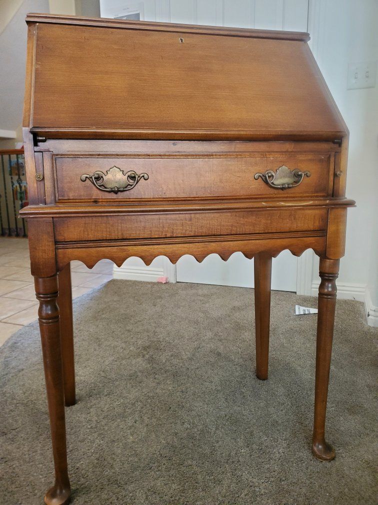 Vintage Wooden Slant Front Secretary Desk with Cubbies & Drawers